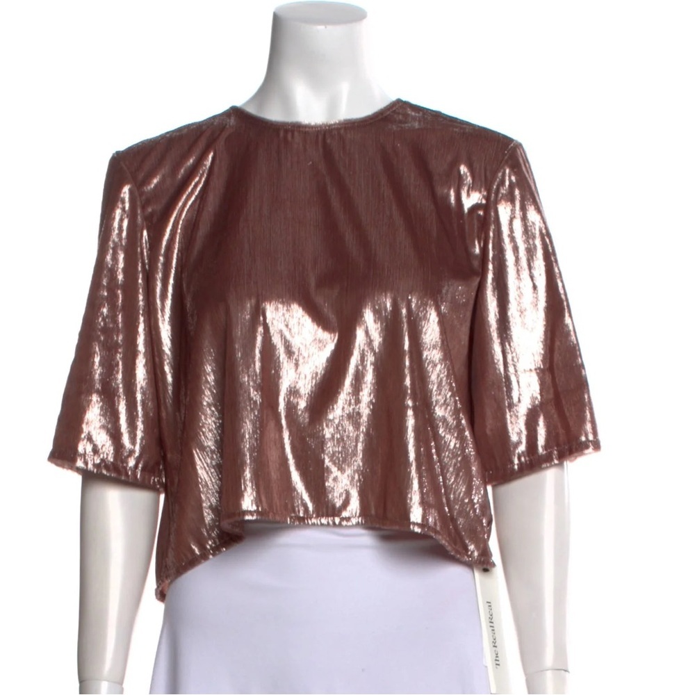 Michelle Mason Elegant 
Bateau Neckline Short Sleeve Crop Top Shimmering Blouse